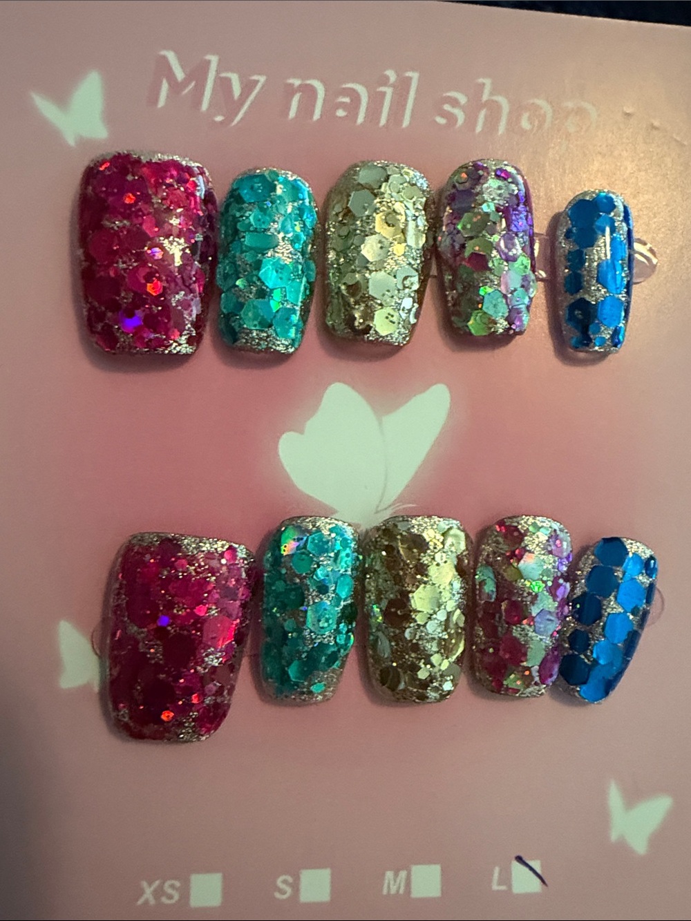 Glitter handmade acrylic Press-On Nails — Pink, Teal, Gold, Purple, Blue